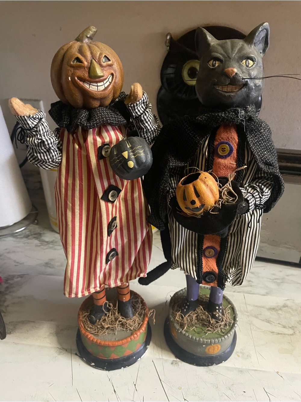 Halloween Vintage Folk Art Tall Figures Cat and Pumpkin